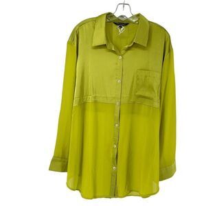 Davi Dani Lime Green Top Long Sleeve Satin Button Up Size 1X Semi Sheer Panel